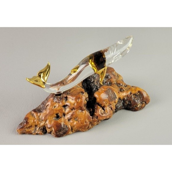 Glass Baron Handcrafted Humpback Whale Wood Mounted Base Gold Trim - Picture 2 of 11